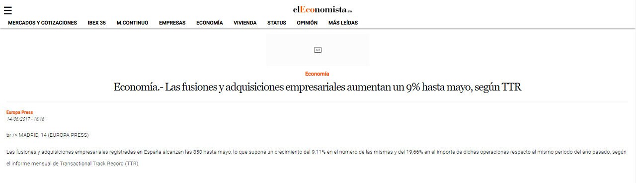 Economa.- Las fusiones y adquisiciones empresariales aumentan un 9% hasta mayo, segn TTR